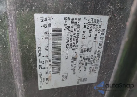 2003 Ford Expedition Xlt z USA, uszkodzony, nr VIN 1FMRU15W93LC01165